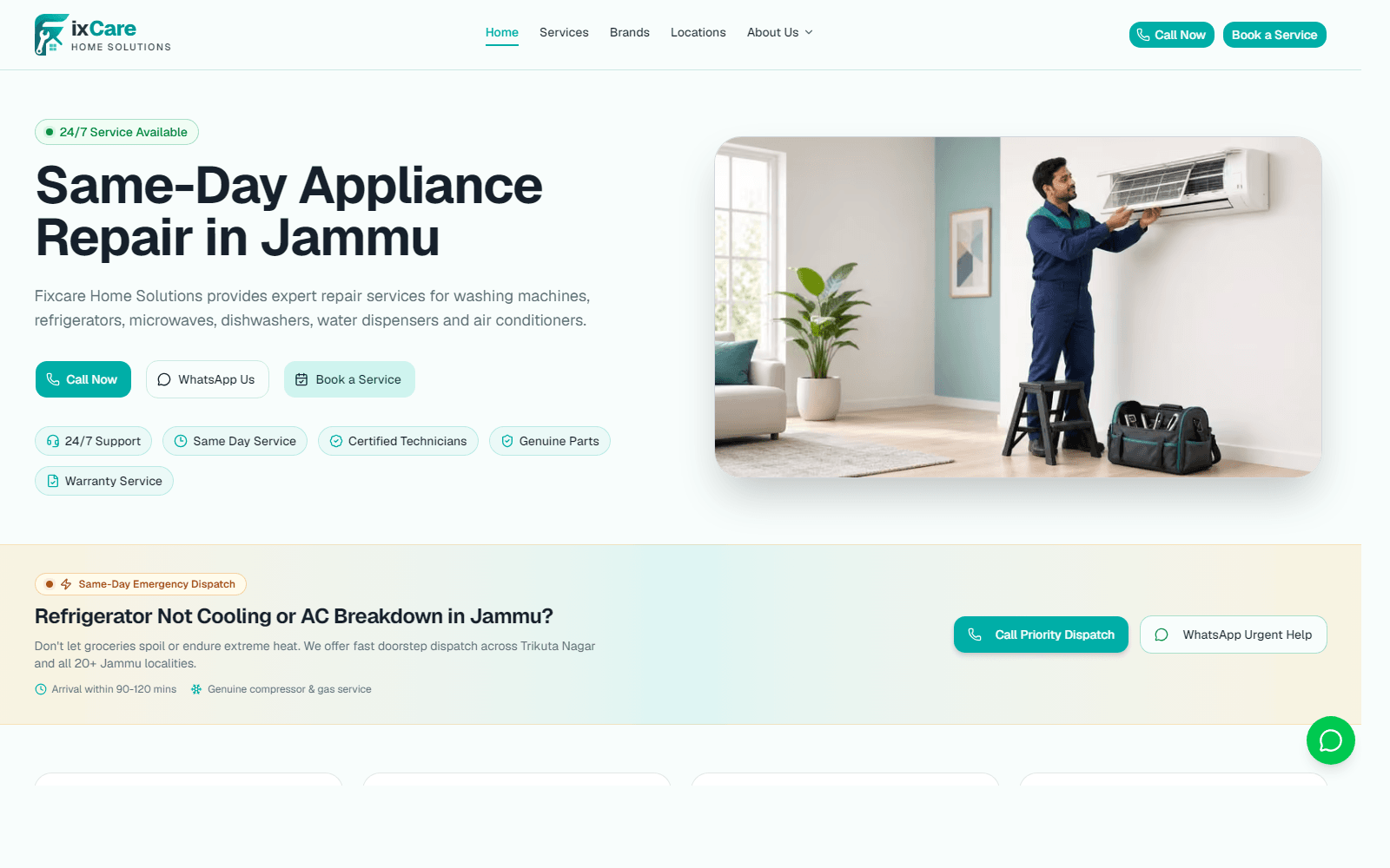 Homepage of the live FixCare Home Solutions website, showing same-day appliance repair in Jammu.